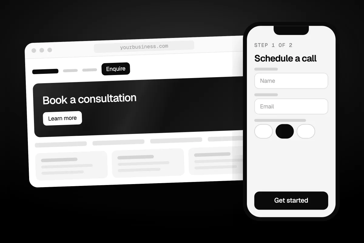 Illustration of a Book a consultation landing page with a Schedule a call form and a Get started button