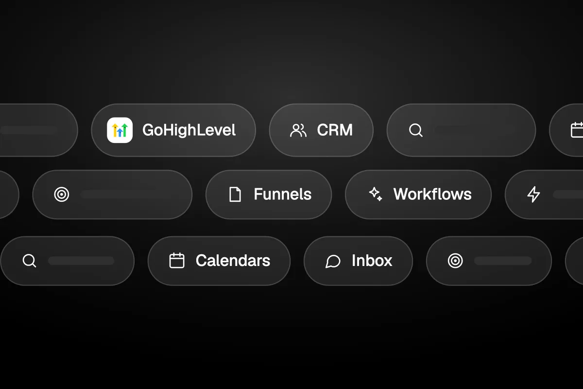 Illustration of the GoHighLevel logo among tool chips reading CRM, Funnels, Workflows, Calendars and Inbox, all in one platform