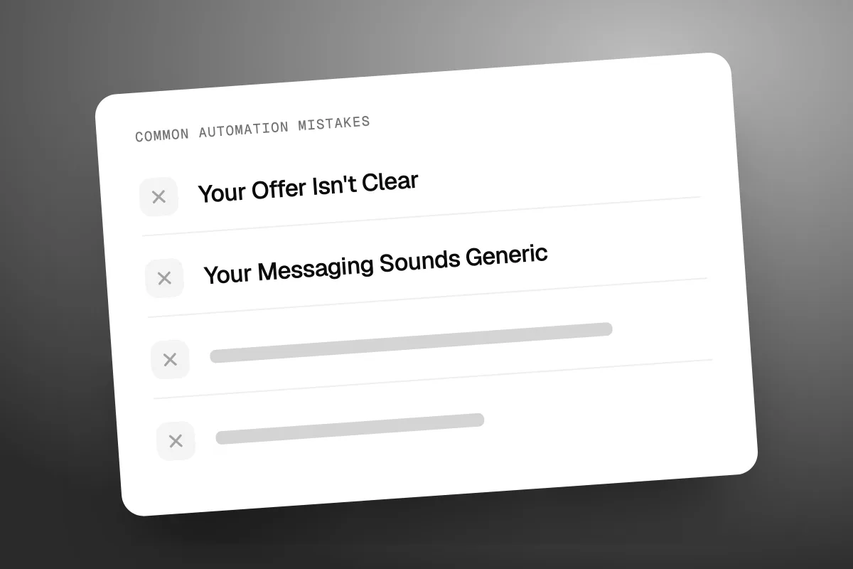 Illustration of a Common Automation Mistakes checklist marking Your Offer Isn't Clear and Your Messaging Sounds Generic